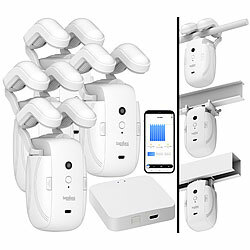 Luminea Home Control 4er-Set Smarter 3in1-Vorhangmotor mit Akku, App + WLAN-Gateway Luminea Home Control Smarte 3in1-Universal-Vorhangmotoren mit App, Timer- und Sensor-Steuerung