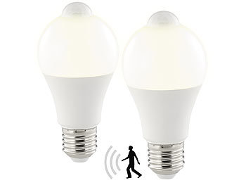 E27 mit Bewegungsmelder: Luminea 2er-Set LED-Lampe, PIR-Sensor, 10 W, E27, warmweiß, 3000 K, 1.055 lm