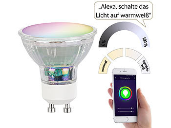 Luminea Home Control WLAN-LED-Glas-Spot GU10 für Siri, Alexa, Google Assistant, RGB, CCT