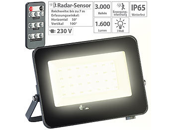 LED Flutlicht: Luminea LED-Fluter, Radar-Bewegungssensor, Fernbedienung, 1500 lm, 20 W, IP65