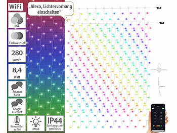 LED-Lichterkette WLAN: Luminea Home Control 2er Smarter WLAN-LED-Lichtervorhang mit 180 RGB-IC-LEDs, IP44, 3x3 m