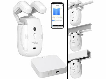 Universal-Vorhangmotoren: Luminea Home Control Smarter 3in1-Vorhangmotor mit Akku, Bluetooth, App + WLAN-Gateway