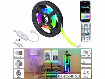 Luminea Home Control 2er-Set USB-RGB-IC-LED-Streifen, Bluetooth, App, Fernbedienung, 2 m