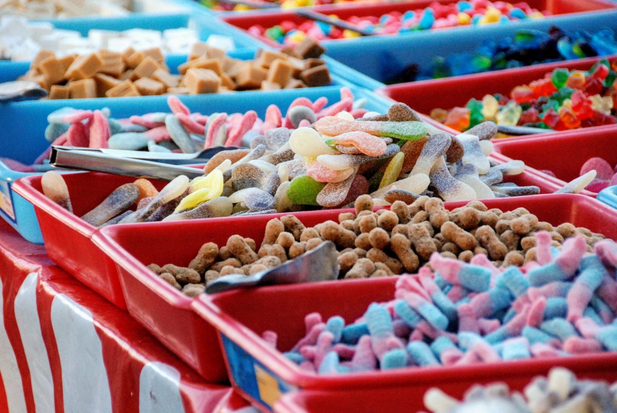 Assorted sweets in buckets