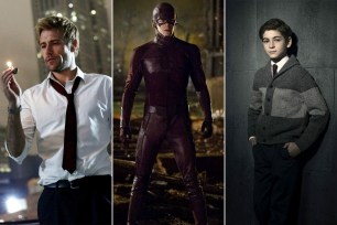 From left, Matt Ryan as John Constantine in NBC's "Constantine," Grant Gustin as The Flash in The CW's "The Flash," and David Mazouz as Bruce Wayne in FOX's "Gotham."