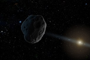 An artist’s rendition of asteroid 2016 WF9 as it passes Jupiter’s orbit inbound toward the sun.