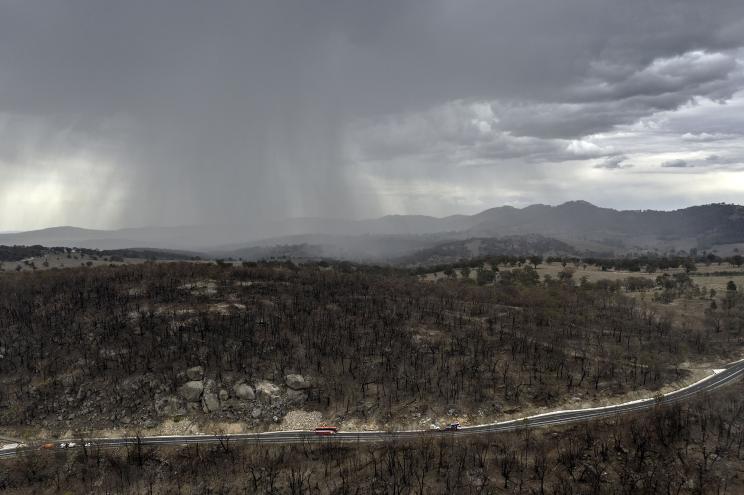 aerial view as rain begins to fall on drought and fire-ravaged country near Tamworth ahead of predicted further wet weather across NSW and Victoria this week on January 15, 2020 in Tamworth, Australia.