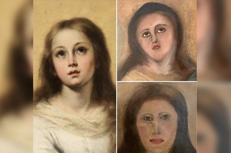 Bartolomé Esteban Murillo’s original work (left) and two attempts at restoring it.