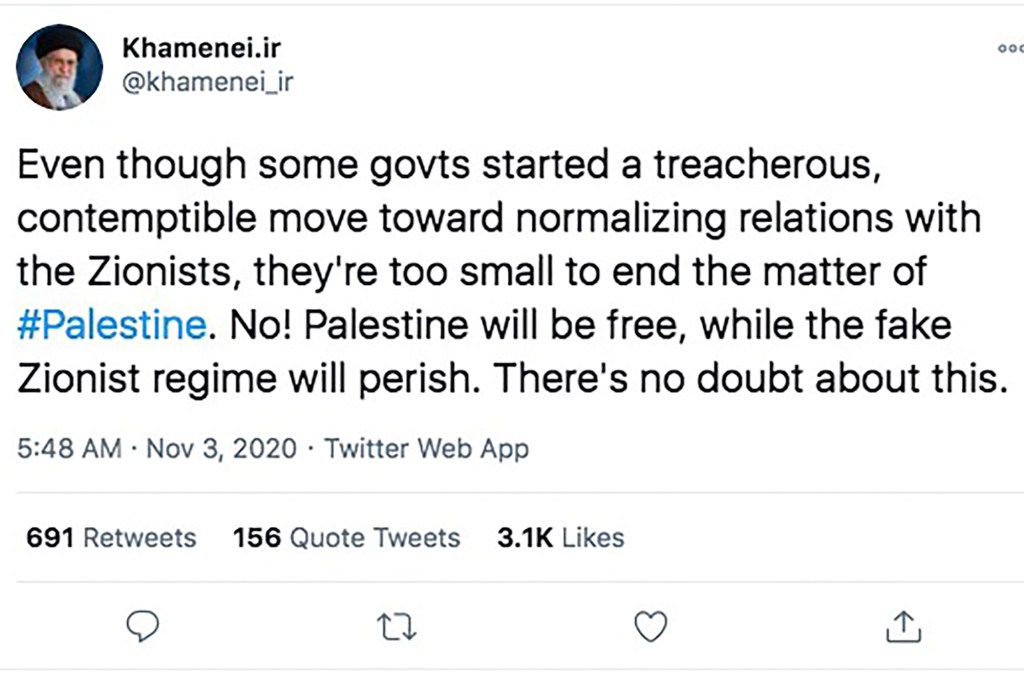 A tweet showcasing Ayatollah Khamenei’s death threats to Israel.