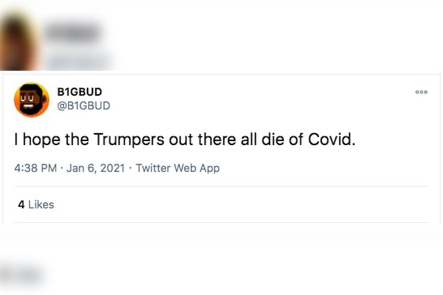 A tweet showing an explicit death threat to President Trump supporters.