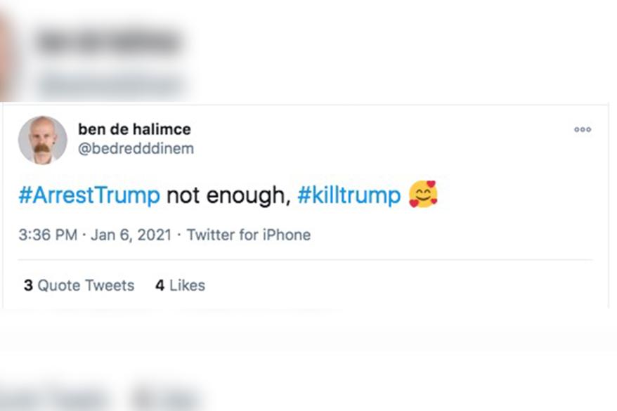 A tweet showing an explicit death threat to President Donald Trump.