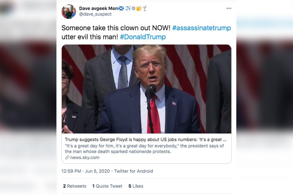 A tweet showing an explicit death threat to President Donald Trump.