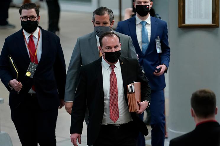 Sen. Mike Lee (R-Utah) arrives at Capitol Hill on Feb. 10, 2021.