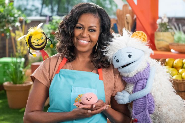 Michelle Obama and friends in her upcoming children's cooking show "Waffles + Mochi" on Netflix.