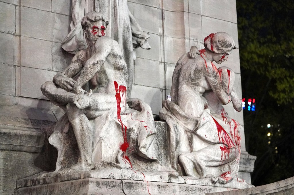 Vandalism done to the USS Maine National Monument at the entrance to Central Park at Columbus Circle and E. 59th Street.