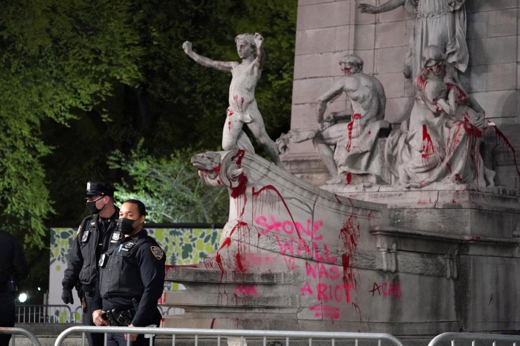 Vandalism done to the USS Maine National Monument at the entrance to Central Park at Columbus Circle and E. 59th Street on April 22, 2021.