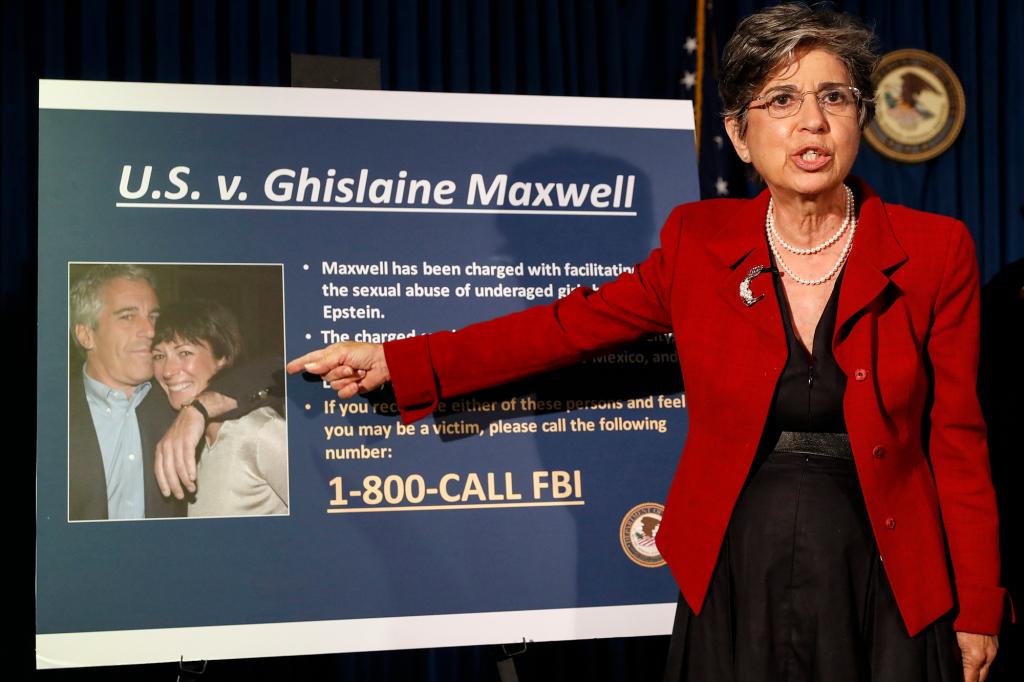 Audrey Strauss, Acting United States Attorney for the Southern District of New York, points to a photo of Jeffrey Epstein and his ex-girlfriend Ghislaine Maxwell on July 2, 2020.