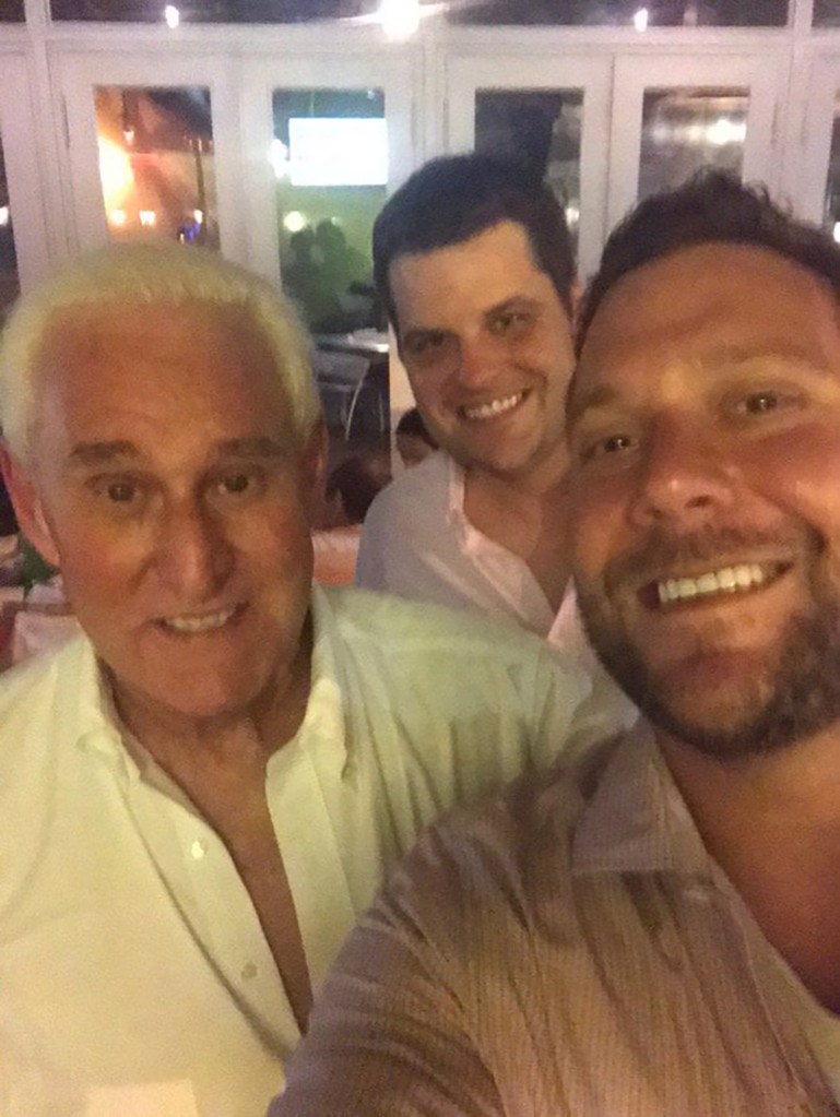 Rep. Matt Gaetz (center) is pictured with Roger Stone (left) and Joel Greenberg.