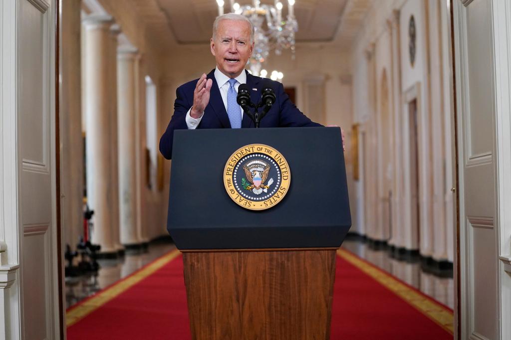 President Joe Biden speaks about the end of the war in Afghanistan from the State Dining Room of the White House, Tuesday, Aug. 31, 2021,