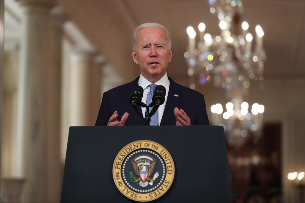 US President Joe Biden delivers remarks on the end of the war in Afghanistan, in the State Dining Room of the White House, in Washington, DC, USA, 31 August 2021.