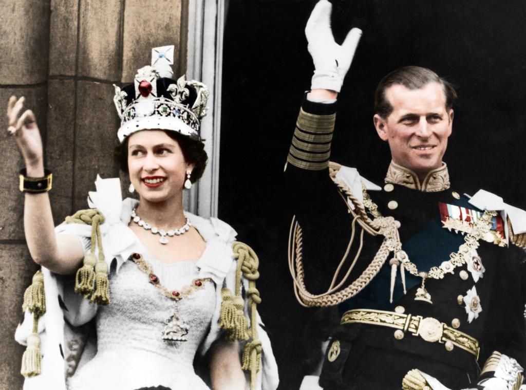 Queen Elizabeth II (left)  and the Duke of Edinburgh, Prince Phillip (right) on the day of their coronation.