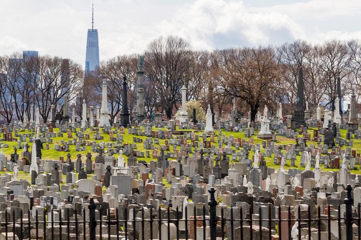 Gravestones and mausoleums in Calvary Cemetery in Queens