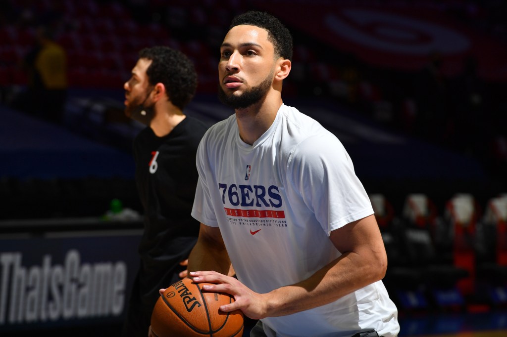 Ben Simmons warms up before a game with the 76ers