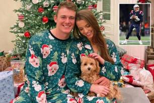 Patriots quarterback Mac Jones twins with girlfriend Sophie Scott in matching pajamas on Christmas.