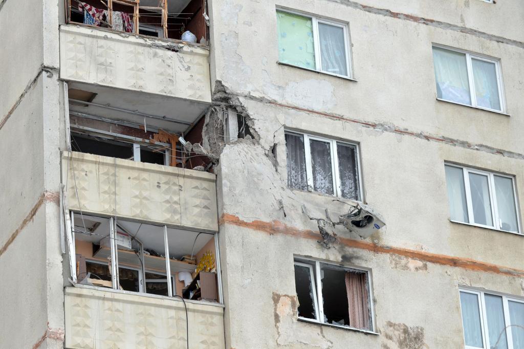 A view of a residential building damaged by recent shelling in Kharkiv.