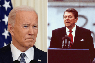 Left: President Joe Biden pauses while speaking at a Black History Month celebration event at the White House in Washington, U.S., February 28, 2022. Right: A defiant President Ronald Reagan, telling the Soviets in 1987 to “tear down this wall,” in Berlin, Germany, prevailed in calling them “an evil empire.”