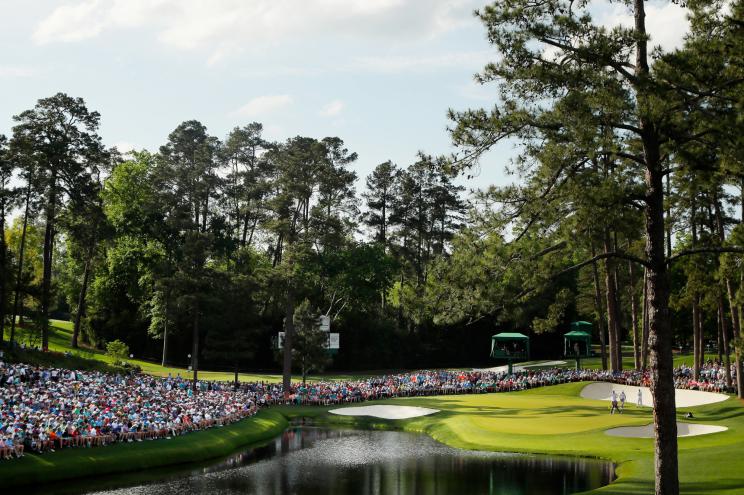 A general view as Tiger Woods of the United States stands on the 16th green during the third round of the Masters at Augusta National.