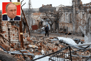 Main: A man walks near damaged buildings in the course of Ukraine-Russia conflict in the southern port city of Mariupol, Ukraine April 22, 2022. Inset: Russian President Vladimir Putin