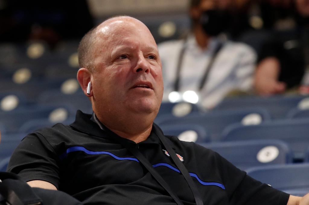 President Leon Rose, and General Manager Scott Perry of the New York Knicks look on during the 2021 NBA Draft Combine on June 24, 2021 at the Wintrust Arena in Chicago, Illinois.