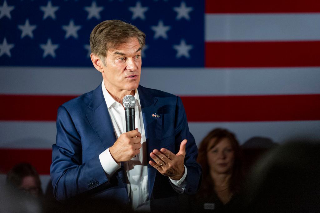 Senate nominee Dr. Mehmet Oz speaks to supporters at a rally in Bethel Park, Pa.