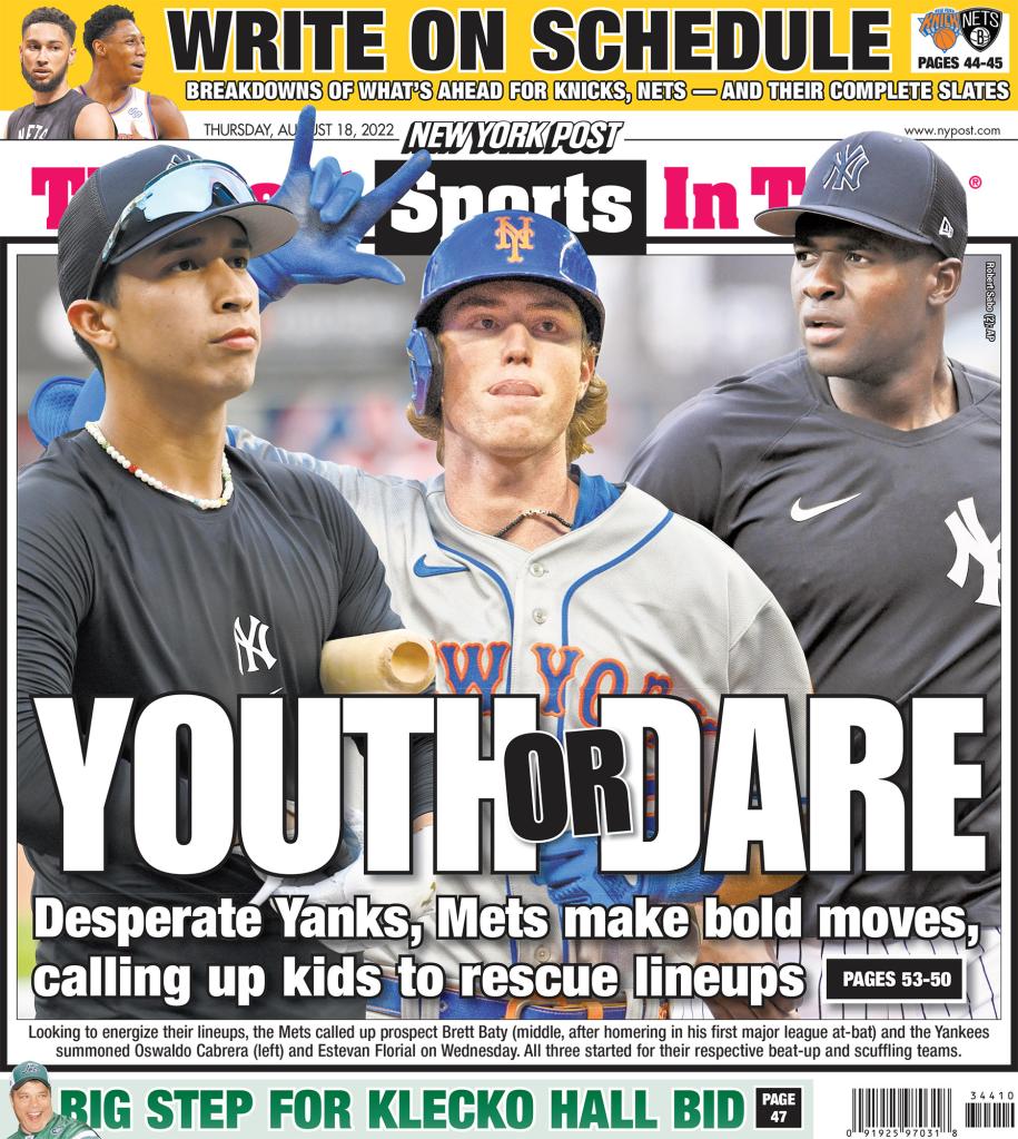 The back page for early editions of the New York Post on August 18, 2022.