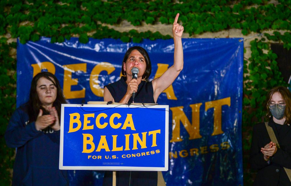 Vermont Senate President Pro Tem Becca Balint delivers a victory speech to her supporters gathered at the Harmony Lot, in Brattleboro, Vt., on Tuesday, Aug. 9, 2022, after being declared the winner in Vermont's Congressional Democratic primary.