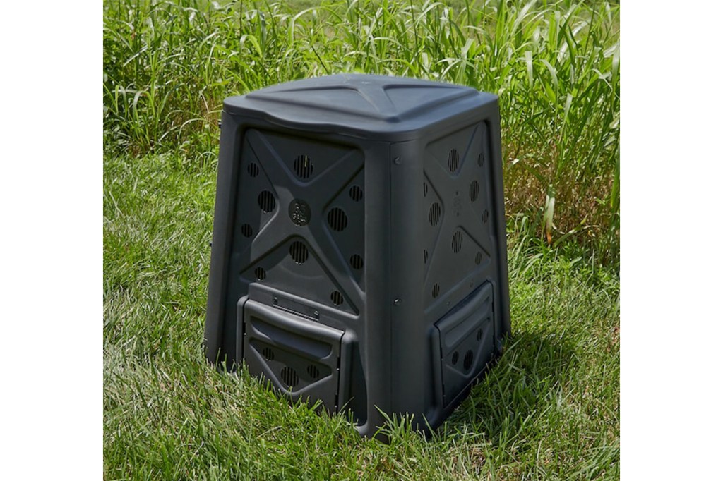 black compost bin on lawn