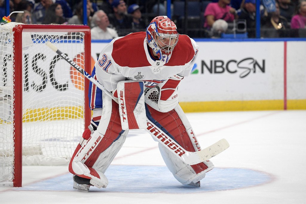  Montreal Canadiens goaltender Carey Price stands in the crease