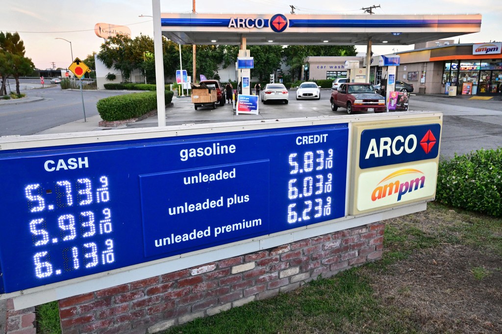 Gas prices listed at a petrol station in Rosemead, California on July 19, 2022.