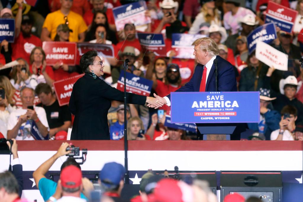 Former President Donald Trump endorses Harriet Hageman for Wyoming's U.S. House seat during a rally on Saturday, May 28, 2022, at the Ford Wyoming Center, in Casper, Wyo.