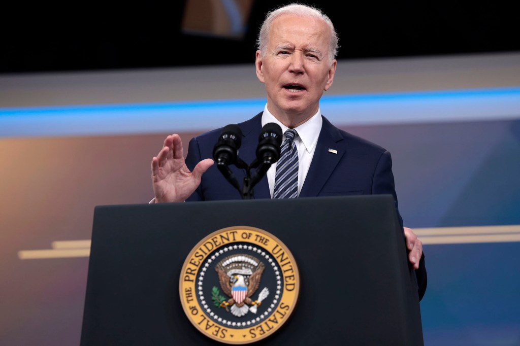 U.S. President Joe Biden delivers remarks on gas prices in the United States from the South Court Auditorium of the White House on March 31, 2022 in Washington.