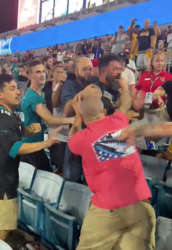 A fan in a red shirt throws a punch during Saturday's Jaguars-Steelers game.