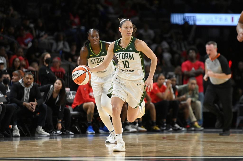 Sue Bird #10 of the Seattle Storm moves the ball during the game against the Las Vegas Aces on August 14, 2022 at Michelob ULTRA Arena in Las Vegas, Nevada.