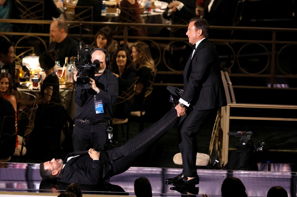 Jimmy Kimmel and Will Arnett appear onstage during the 74th Primetime Emmys at Microsoft Theater on September 12, 2022 in Los Angeles, California.