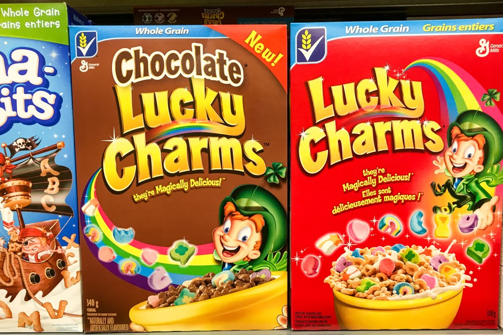 Lucky Charms cereal boxes.