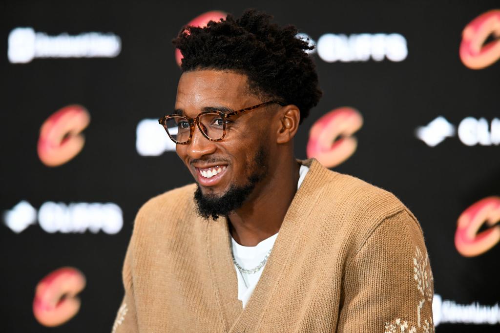 Donovan Mitchell laughs during a press conference where he was introduced at Rocket Mortgage Fieldhouse on September 14, 2022 in Cleveland, Ohio.