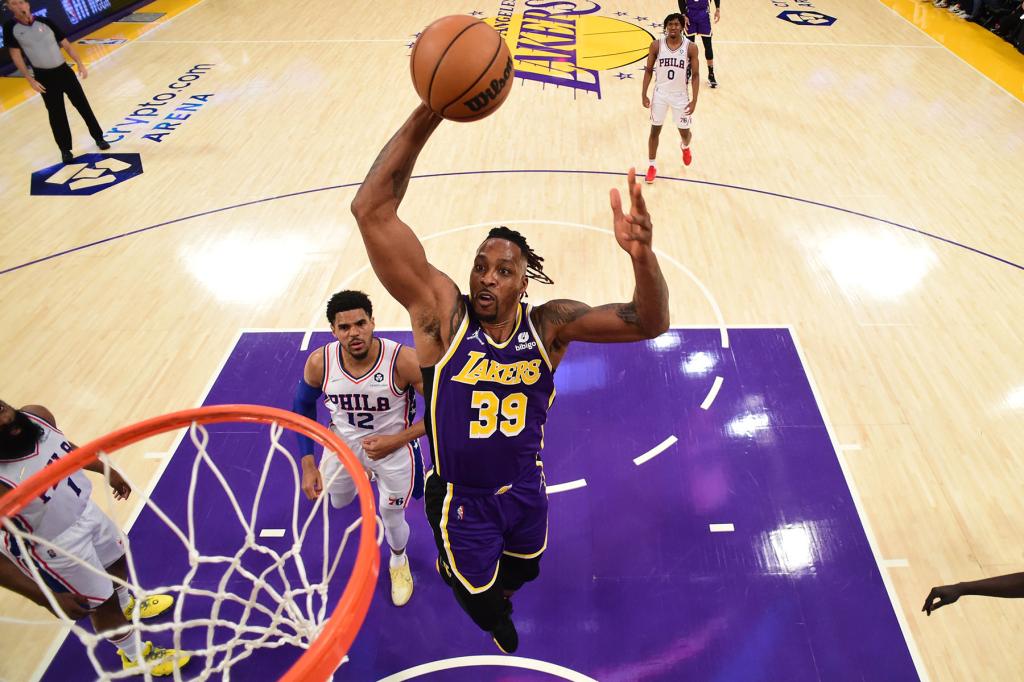 Dwight Howard #39 of the Los Angeles Lakers drives to the basket during the game against the Philadelphia 76ers on March 23, 2022 at Crypto.Com Arena in Los Angeles, California.