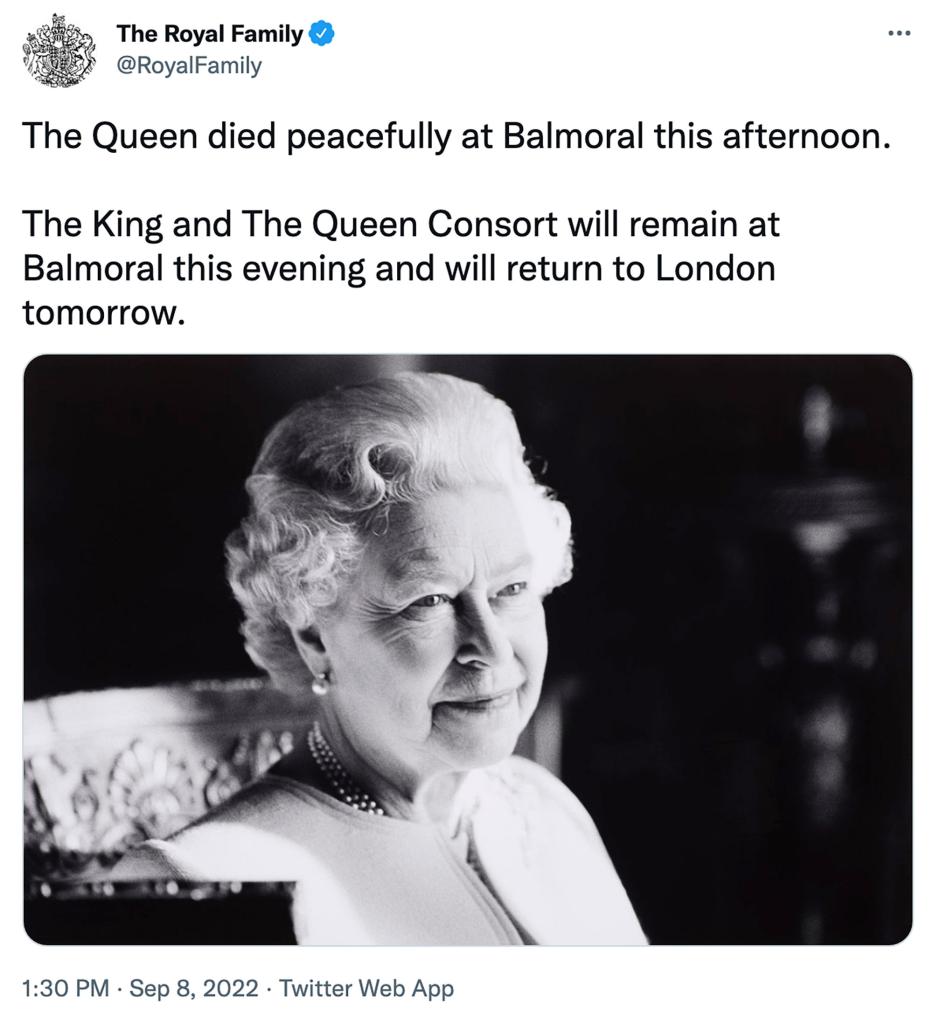 The Queen died peacefully at Balmoral this afternoon.