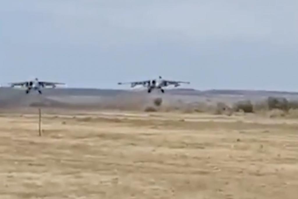 Video tweeted by Ukraine's Ministry of Defense shows what appear to be two Russian fighter jets taking off from Crimea.