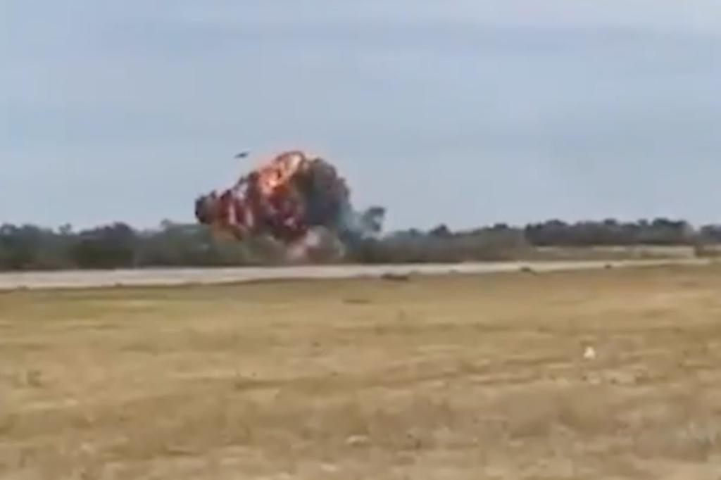 Seconds after takeoff, the plane crashes and bursts into flames on impact.